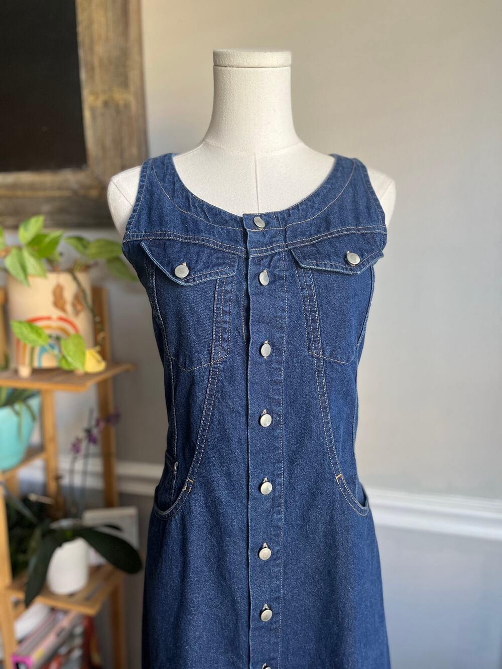 Vintage 90s Denim Maxi Dress Dark Wash Button Front Sleeveless Size XS